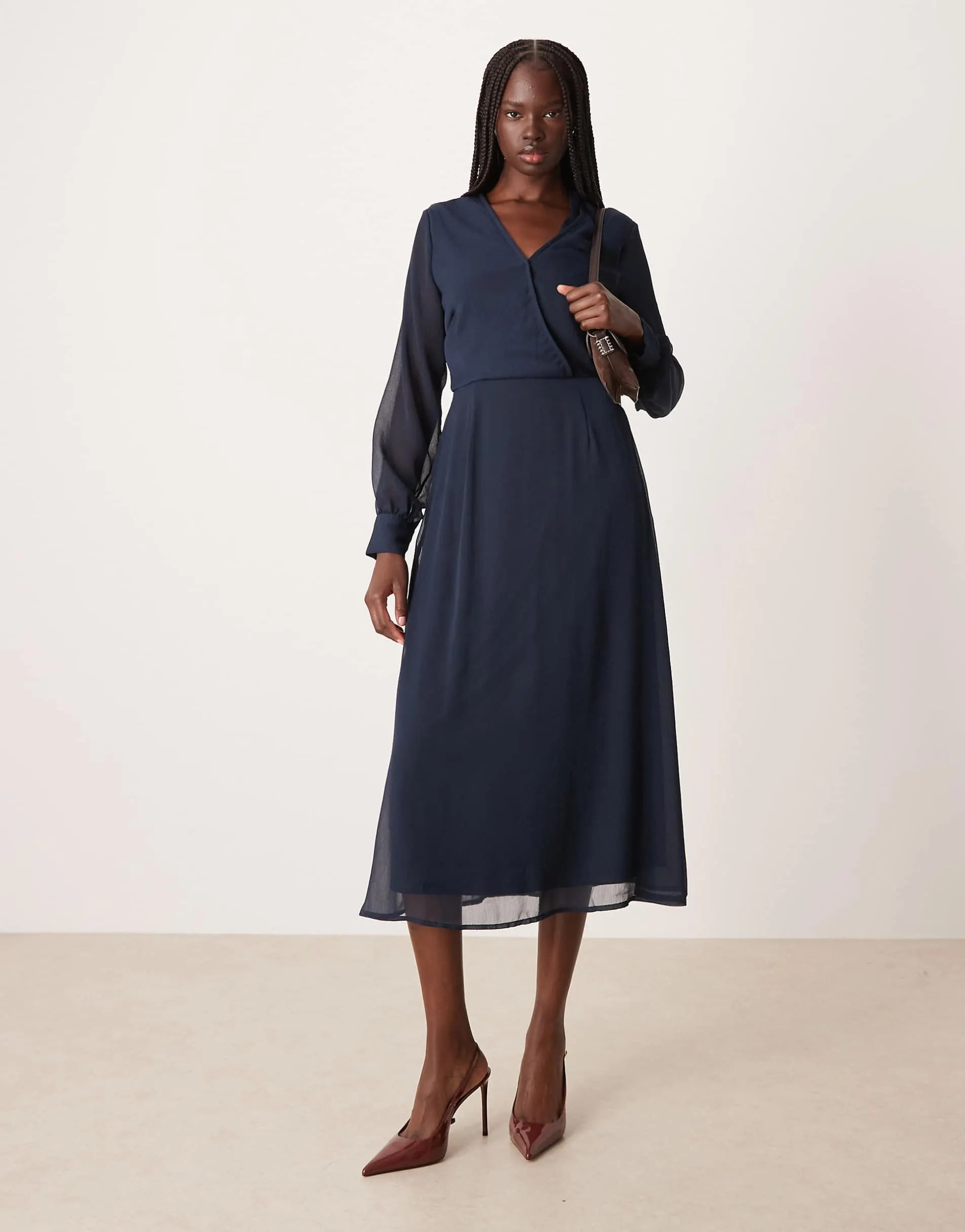 Vila long sleeve v-neck midi dress in navy
