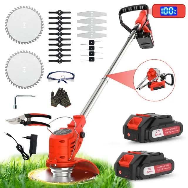 OUTIGO Decespugliatore elettrico a batteria, decespugliatore da prato con 2 batterie e 4 tipi di lame, impugnatura regolabile