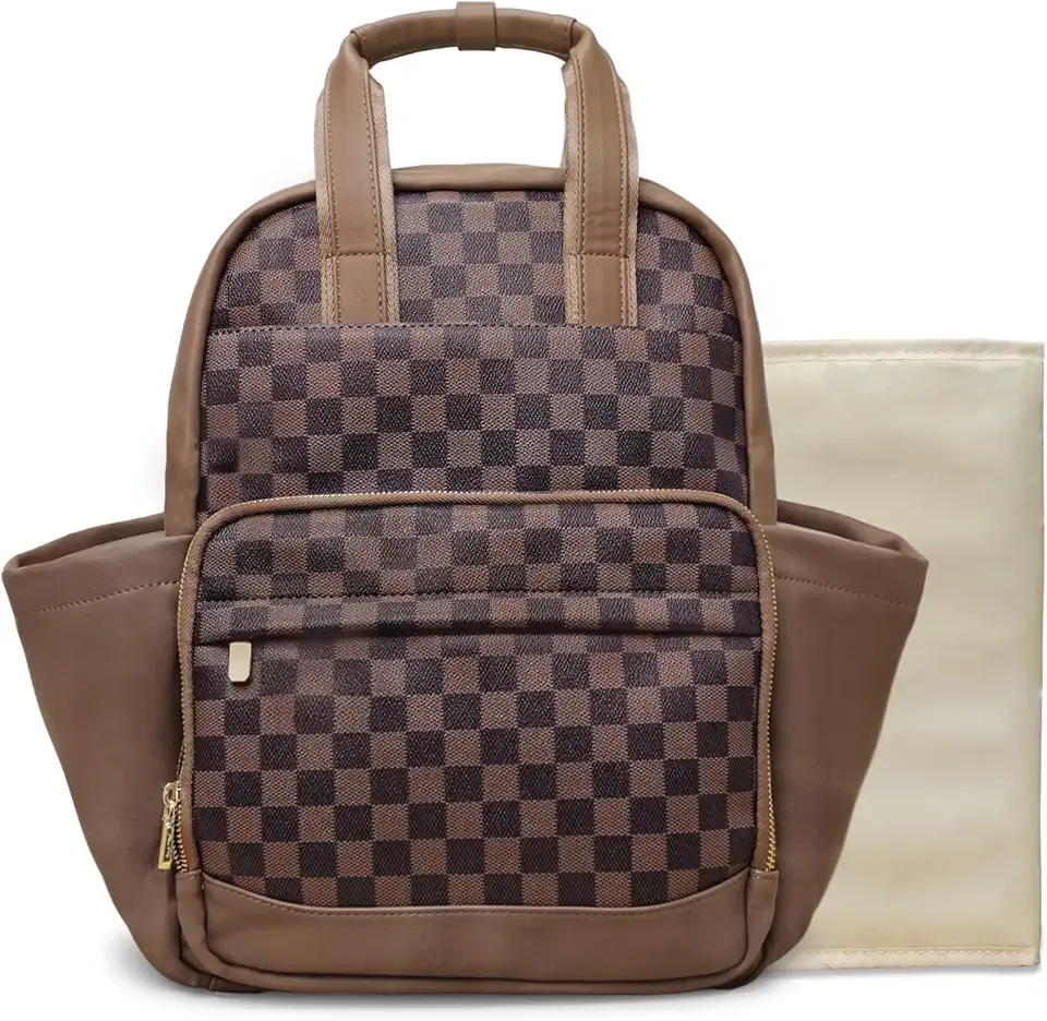 miss fong Small Diaper Bag - Baby Diaper Bag Backpack Checkered Diaper Bag with Changing Pad for Travel Daycare Mommy Diaper Backpack for Mom & Dad -Coffee