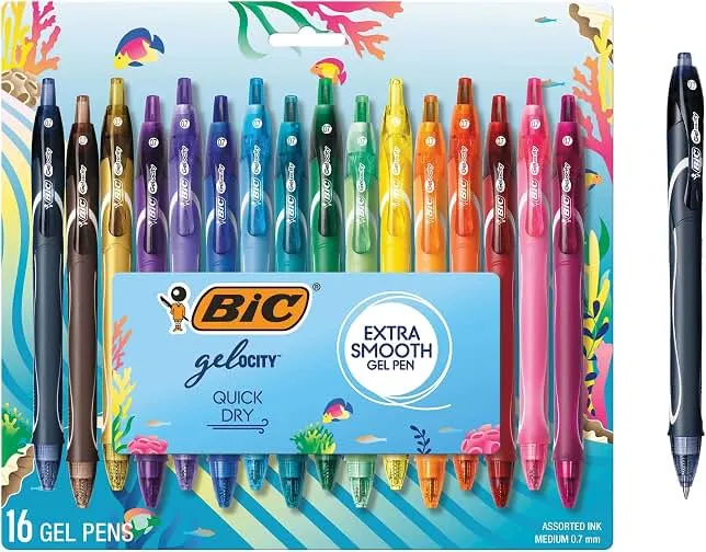 BIC Ocean Themed Gel Pens, Assorted Colors, Medium Point, 0.7 mm, 16-Count | Gelocity Quick Dry Series, School Supplies for Color-coding Notes, Set for Students and Teachers
