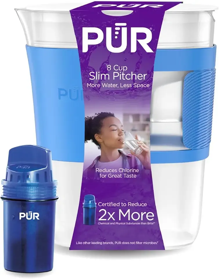 PUR Slim Water Filter Pitcher, 8-Cup Capacity, Compact Design for Dorms & Mini Fridges, Dishwasher Safe, Fast Filtration, Includes 1 Filter for Cleaner Great-Tasting Drinking Water Filtration, Blue