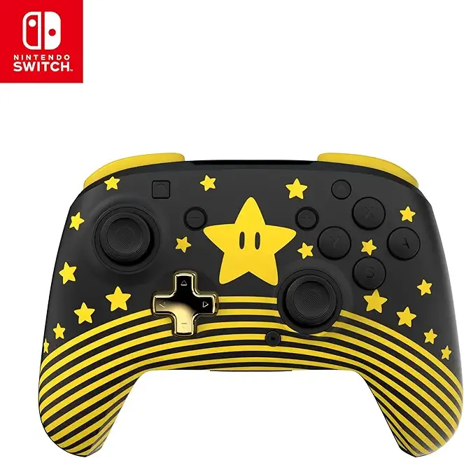 Turtle Beach Rematch Wireless Controller Officially Licensed for Nintendo Switch, Switch Lite/OLED, Works w/Nintendo Switch 2, Glows in the Dark, Rechargeable Battery – Super Mario Star Black/Yellow