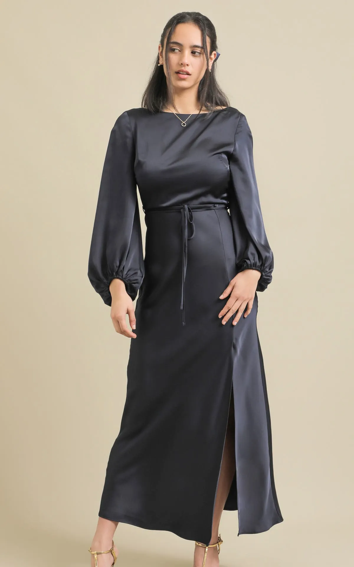 Satin Boat Neck LS Gown