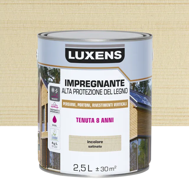 Impregnante per legno da esterno a base acqua LUXENS Alta Protezione incolore satinato 2.5 lt, 8 anni di protezione.