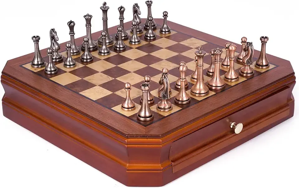 12 Inch Luxury Metal Chess Set with Storage Drawer, Weighted Zinc Alloy Pieces, Wooden Board, for Adults, Collectors & Family Game Night