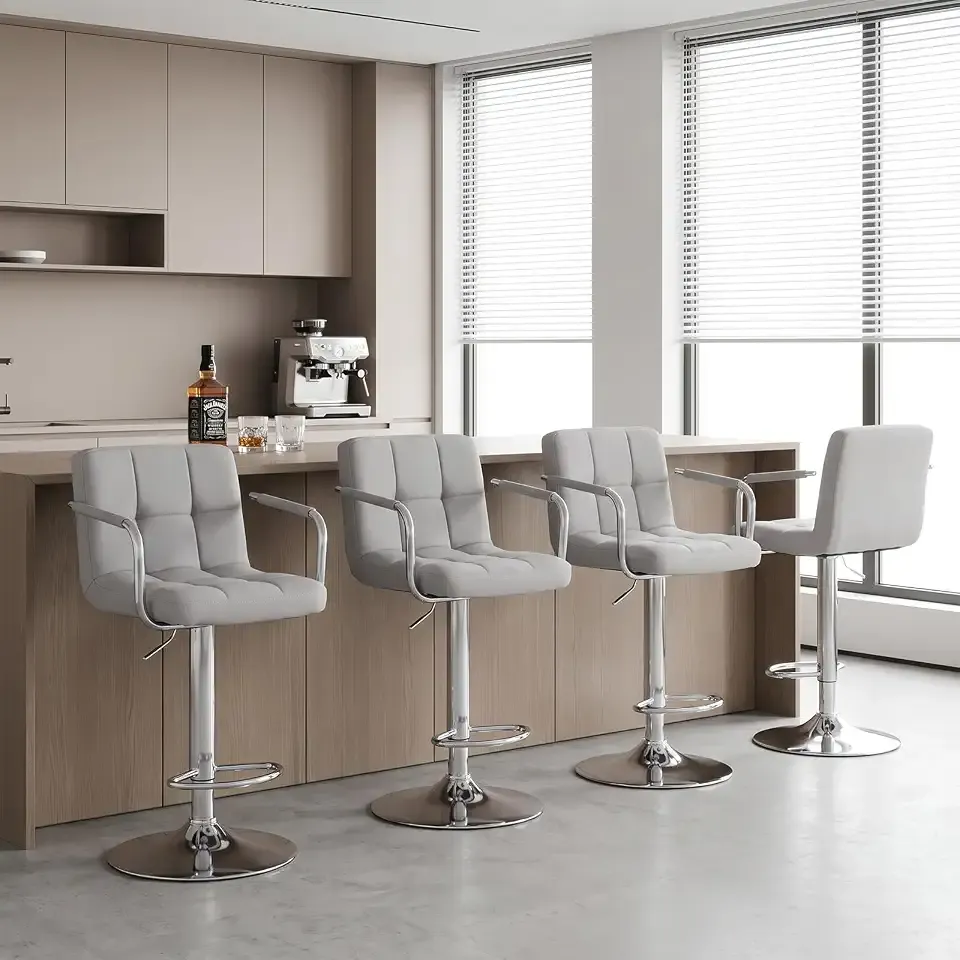 Bar Stools Set of 4, Adjustable Swivel Bar Chairs with Back Support & Armrest, Counter Height Barstool for Kitchen Island, Dining Room, Grey