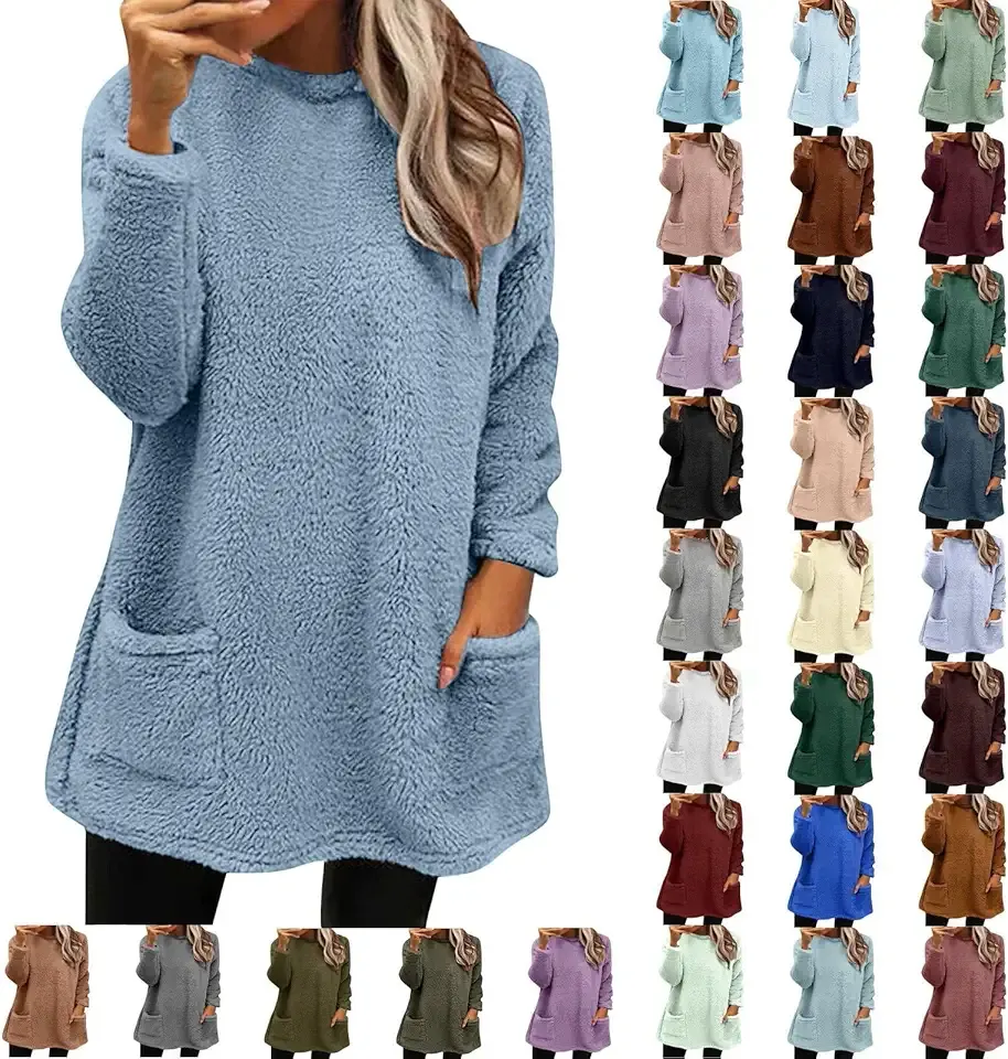 Fall Sweaters for Women 2024 Long Fuzzy Fleece Pullover Trendy Casual Crewneck Sweatshirt Shaggy Coat with Pockets