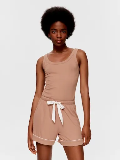 Caramel Bamboo Rib Long Pj Short