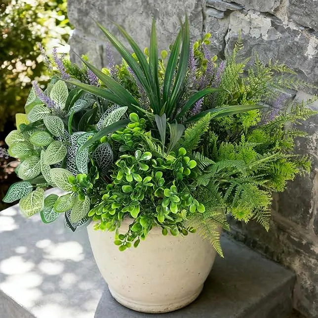 Hrobek Outdoor Faux Plants UV Resistant - 12 Bouquets Realistic Artificial Eucalyptus Fern Lavender Greenery for Patio Garden Front Porch Decor Weatherproof Fake Plants for Outside