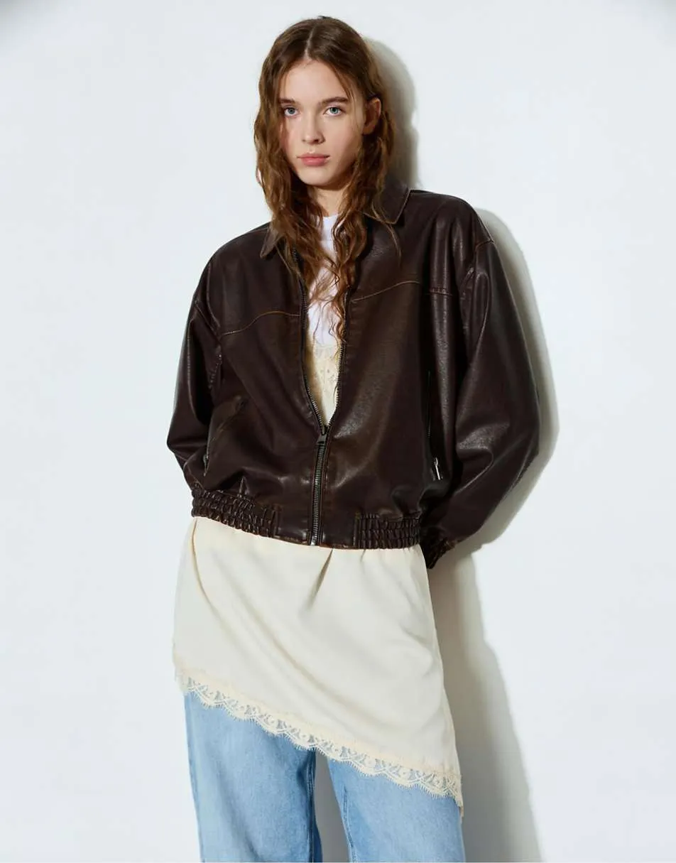 Pull&Bear Faux leather bomber jacket in brown