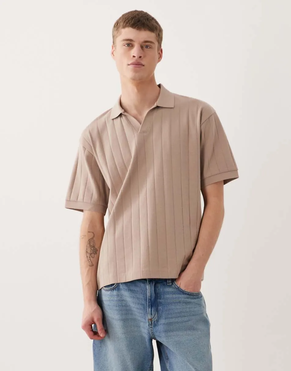 ASOS DESIGN relaxed revere polo in brown wide rib