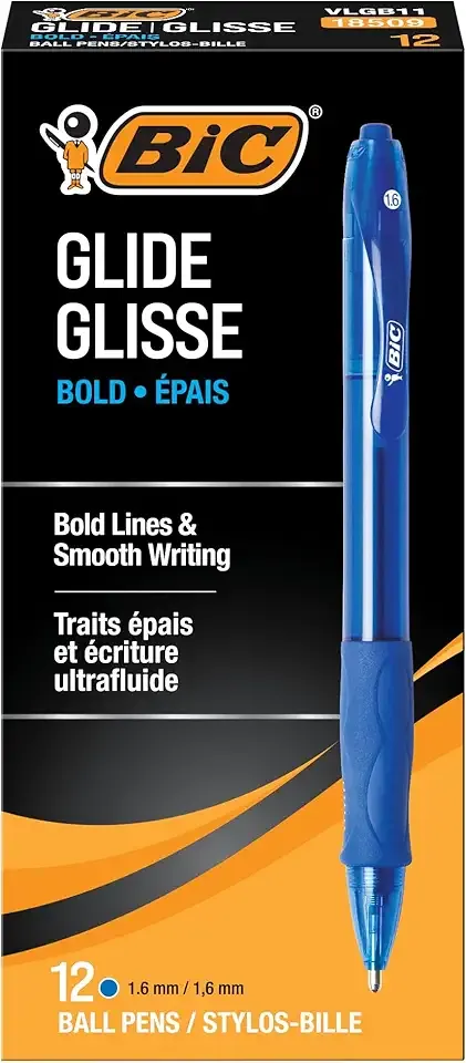 BIC Glide Bold Blue Ballpoint Pens, Bold Point (1.6mm), 12-Count Pack, Retractable Ballpoint Pens With Comfortable Full Grip