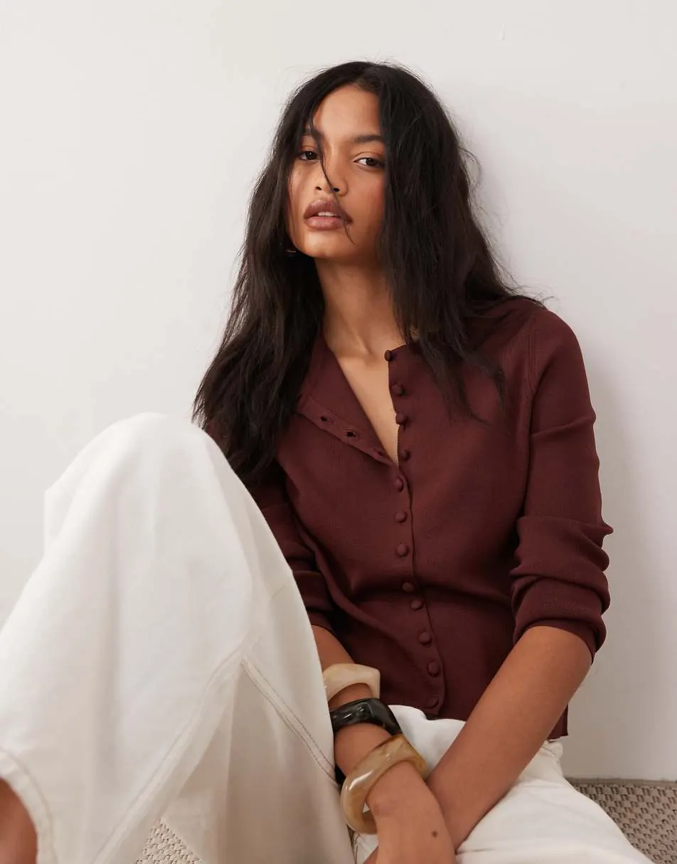 ASOS DESIGN compact crew neck cardigan with self covered buttons in chocolate