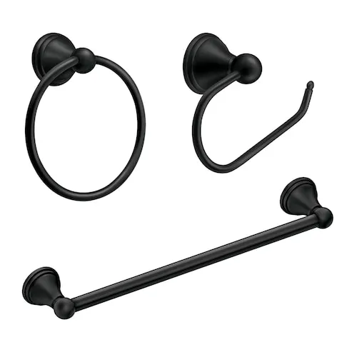 Preston 3-Piece Wall Mounted Bathroom Accessory/Hardware Set with Toilet Paper Holder Towel Ring and 18-Inch Towel Bar in Matte Black