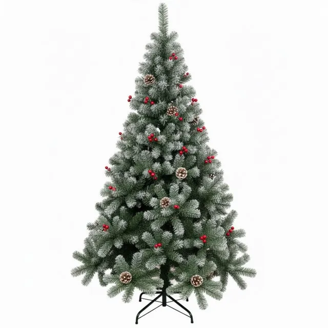Arbol de Navidad Pino Nevado 210cm con Adorno de Piña Frutos Rojos y Nieve