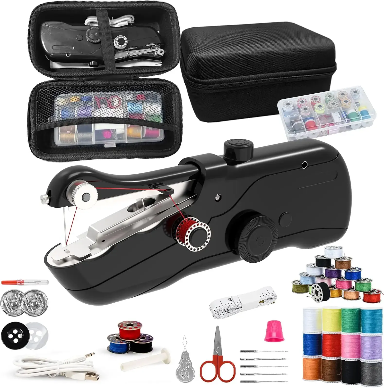 Beginner's Sewing kit with Storage Handheld Sewing Machine, Portable Sewing Machine with Storage, Electric Switch, Two Speed Modes,Easy to Operate.Sewing Machine for Beginners.(Black)