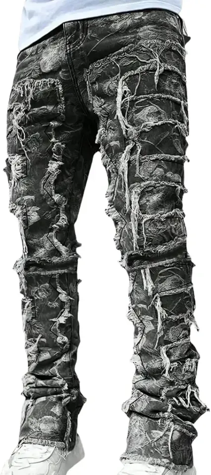 Men's Stacked Skinny Jeans - Y2K Harajuku Style Ripped Denim Pants with High Waist