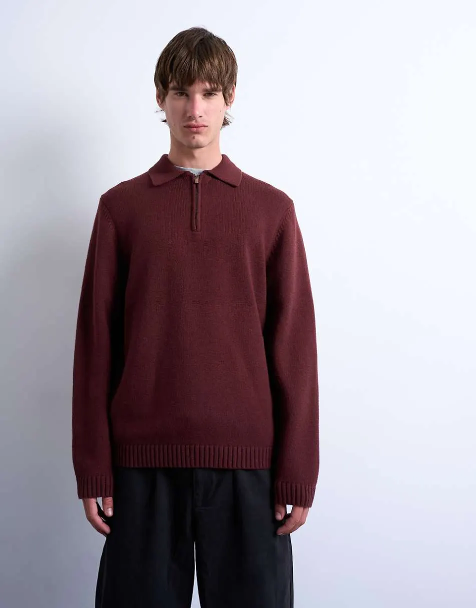 Topman regular fit knitted polo jumper with zip in dark red