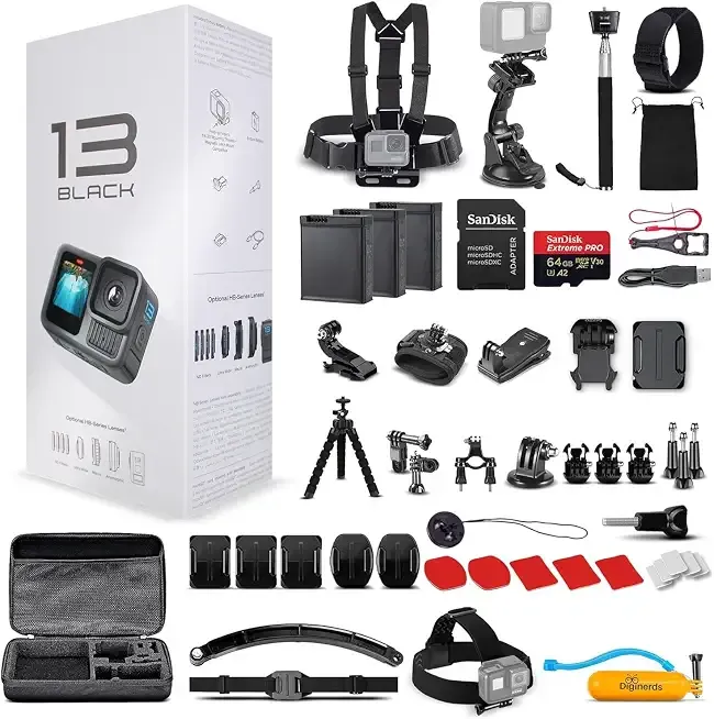 HERO13 (Hero 13) Black - with 50 Piece Accessory Kit and 2 Extra Batteries + 64GB Card - Waterproof Action Camera - 5.3K HDR, 27MP Photos, 1/1.9" Sensor, Live Streaming, Webcam, Stabilization