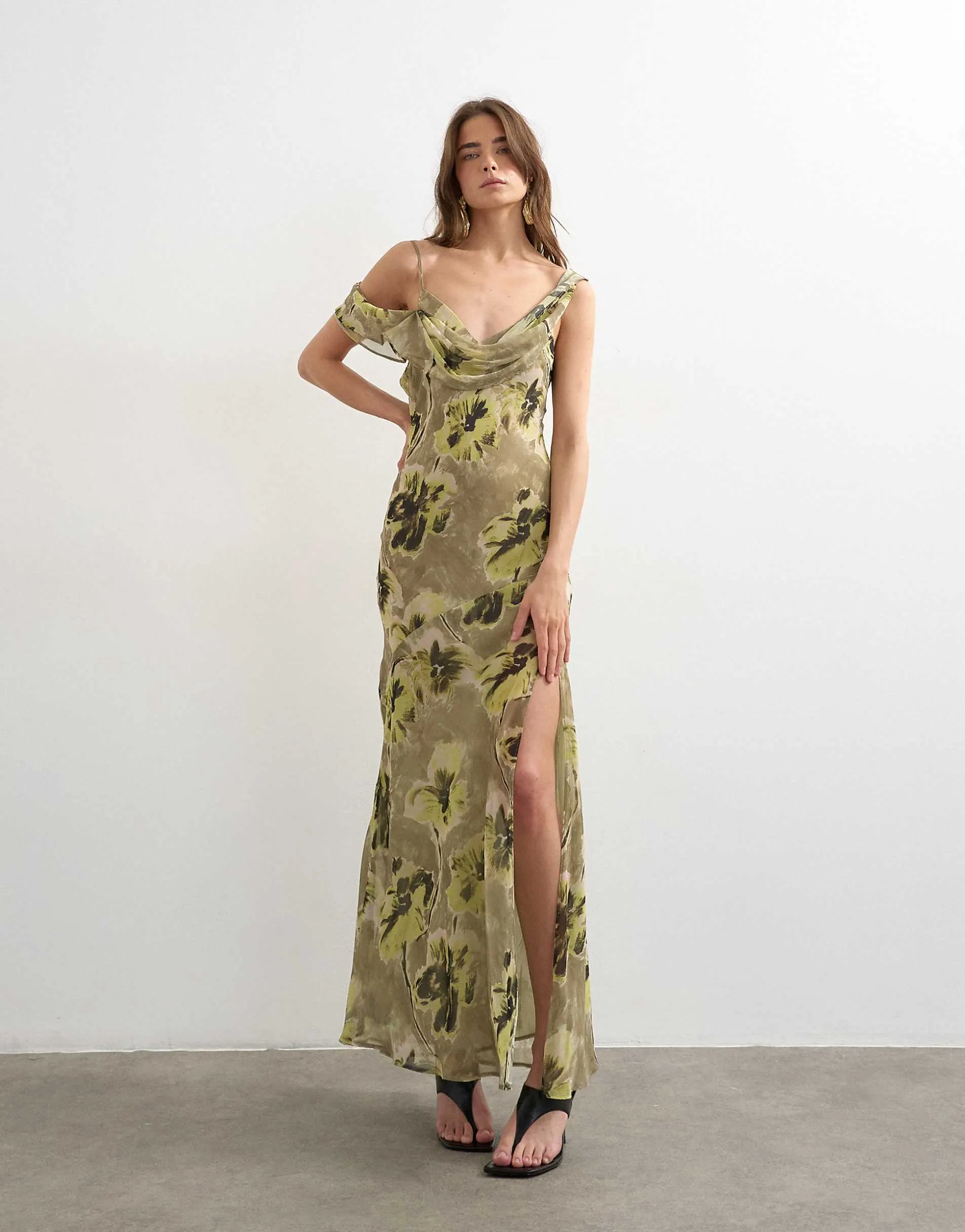 Topshop chiffon floral print frill one shoulder maxi dress in green