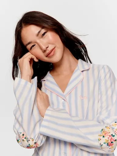 Stripe Floral Trim 100% Cotton Long Sleeve Shirt