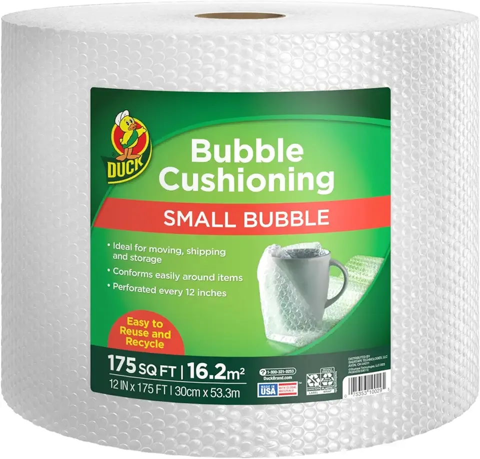 Duck Brand Small Bubble Cushioning Wrap for Fragile Moving & Shipping - 175 ft Packing Wrap for Extra Protection in Boxes & Mailers - Clear Roll, Moving Supplies, Perforated Every 12 in