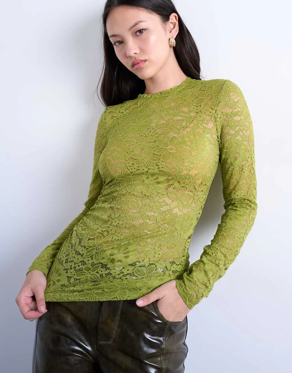 Topshop lace ruched side long sleeve top in green