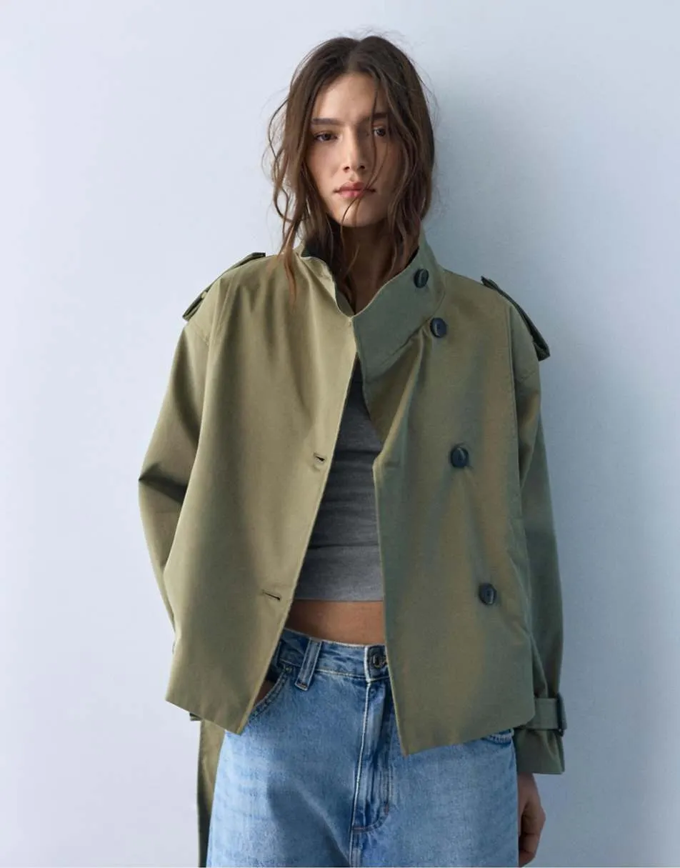 Pull&Bear Short trench coat in khaki