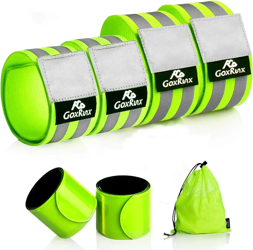 GoxRunx Reflective Bands Running Gear 6 Pack-Adjustable Reflective Armband Arm Wrist Ankle Leg Bands Reflectors -Reflective Tape Straps for Clothing Night Running Cycling Walking -Slap Bracelets