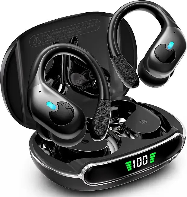Active Noise Cancelling Ear Buds Wireless Earbuds 90H Playtime Bluetooth Headphones Stereo Bass Over-Ear Hooks Earphones with Power Display Case IPX7 Waterproof Headset for Workout/Running, Black