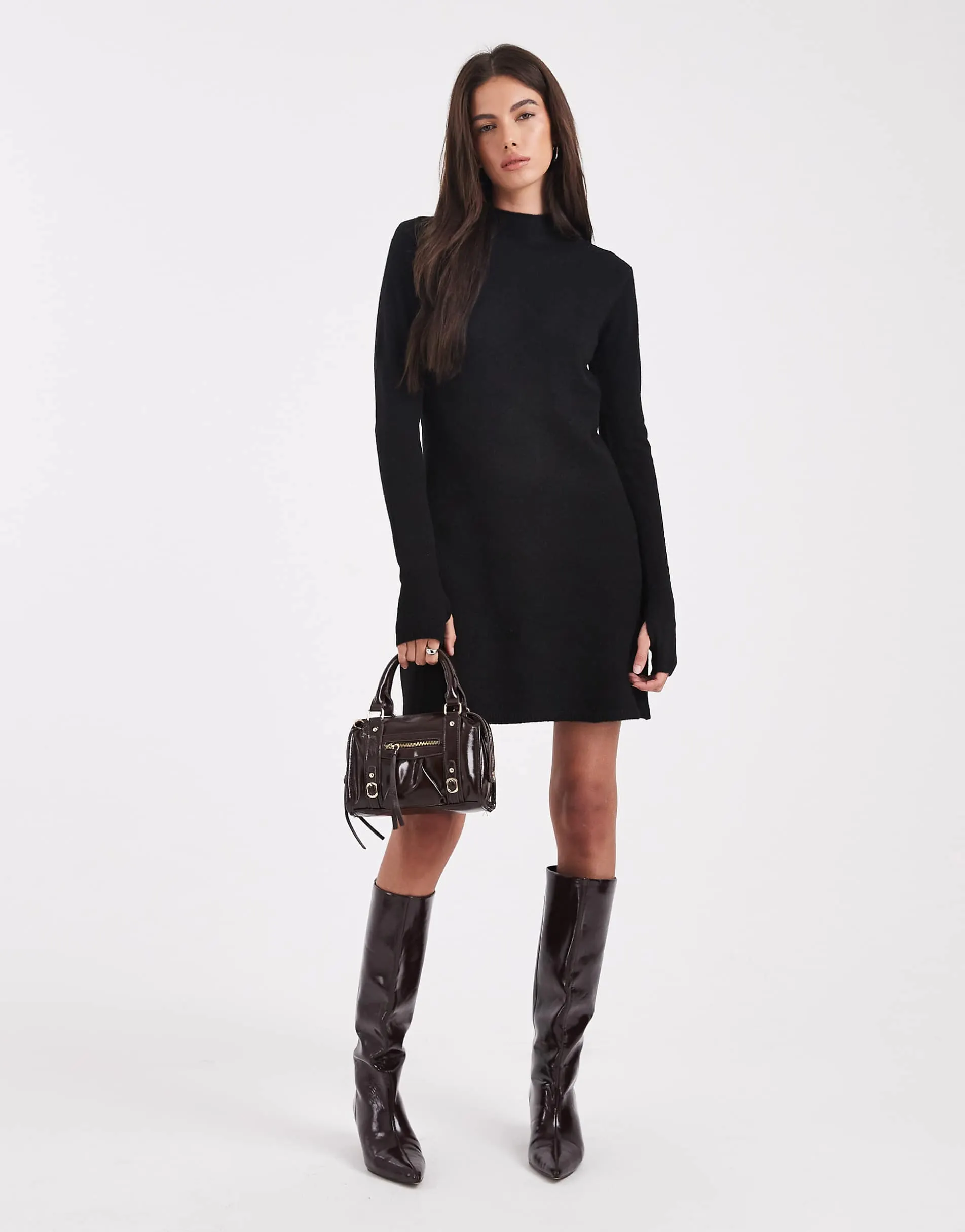 Pieces long sleeve knitted mini dress in black