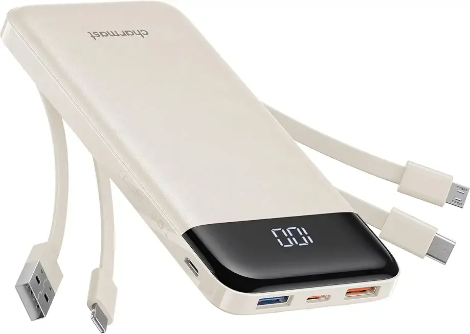 charmast Portable Charger with Built in Cables, Power Bank with Cords Wires, Slim 10000mAh Travel Battery Pack 6 Outputs 3 Inputs 3A Fast Charging for Samsung Google Pixel LG Moto iPhone iPad