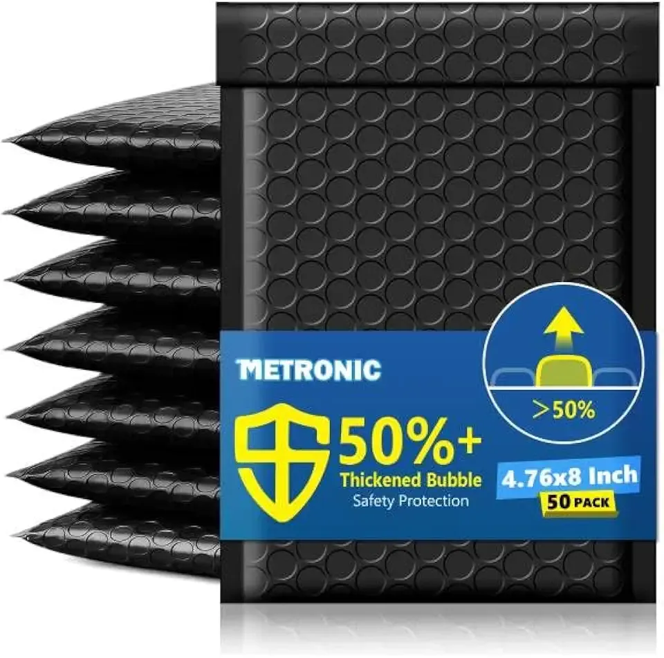 Metronic Bubble Mailers 4.76x8" 50 Pack Padded Envelopes with 1/7" Thickened Bubble Waterproof Mailing Envelopes Usable Size 4.76x7" Shipping Bag for Fragile Products, 4x7 Items,Small Business, Black