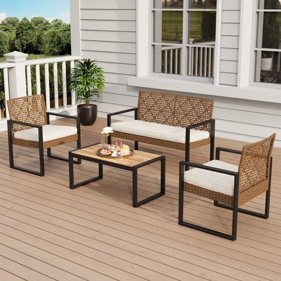 MF Studio 4-Piece Wicker Patio Furniture Set with Acacia Wood Table, Weather-Resistant Outdoor Conversation Set, Brown and Beige, Price Now $199.99 Was $287.99 Options from $199.99 – $219.99