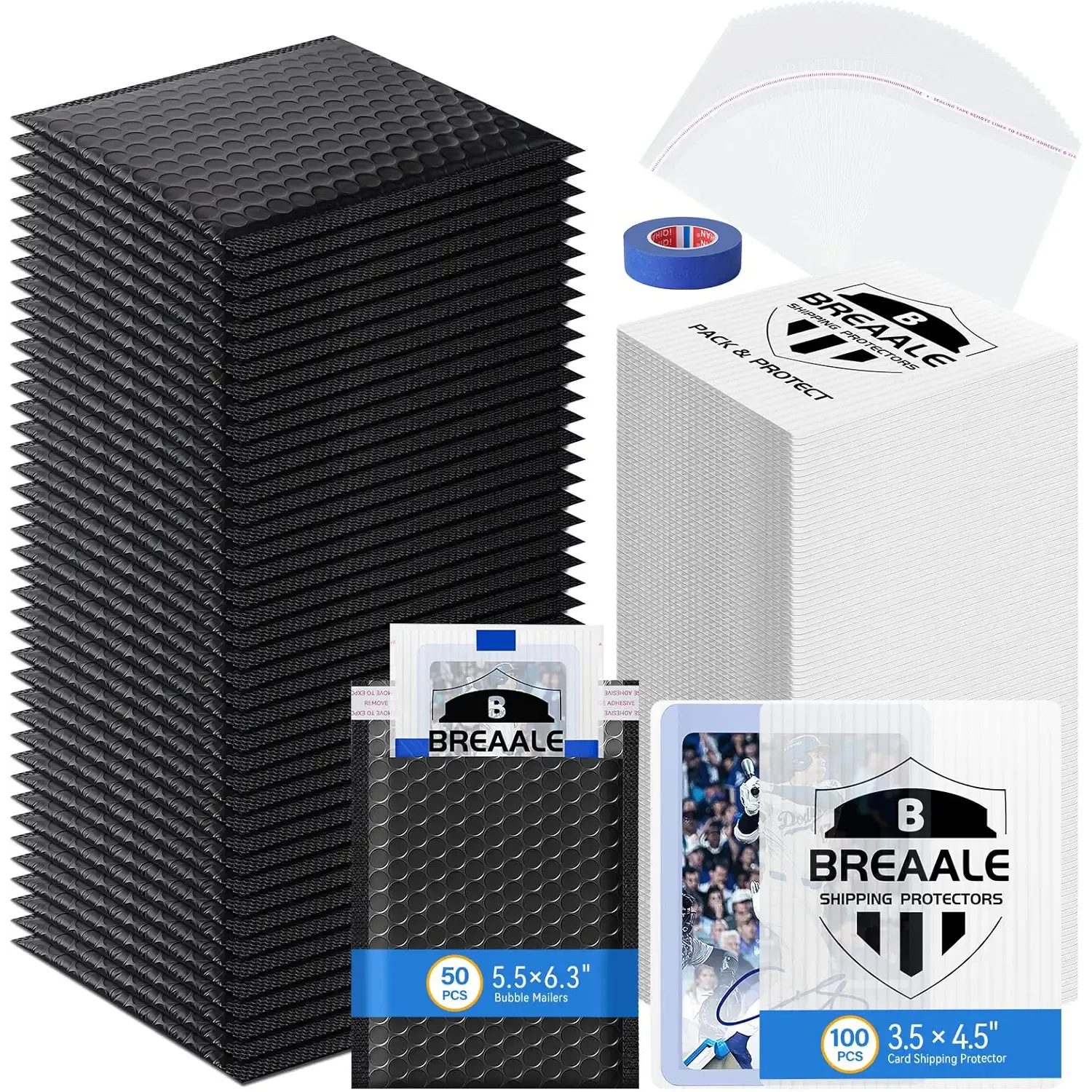 Trading Card Shipping Kit, Includes 100 3.5" x 4.5" Card Shipping Protectors, 50 Envelope Bubble Mailers, 50 Self-Seal Poly Bags, 20M Painter’s Tape for Raw Cards, Toploaders & TCG Singles