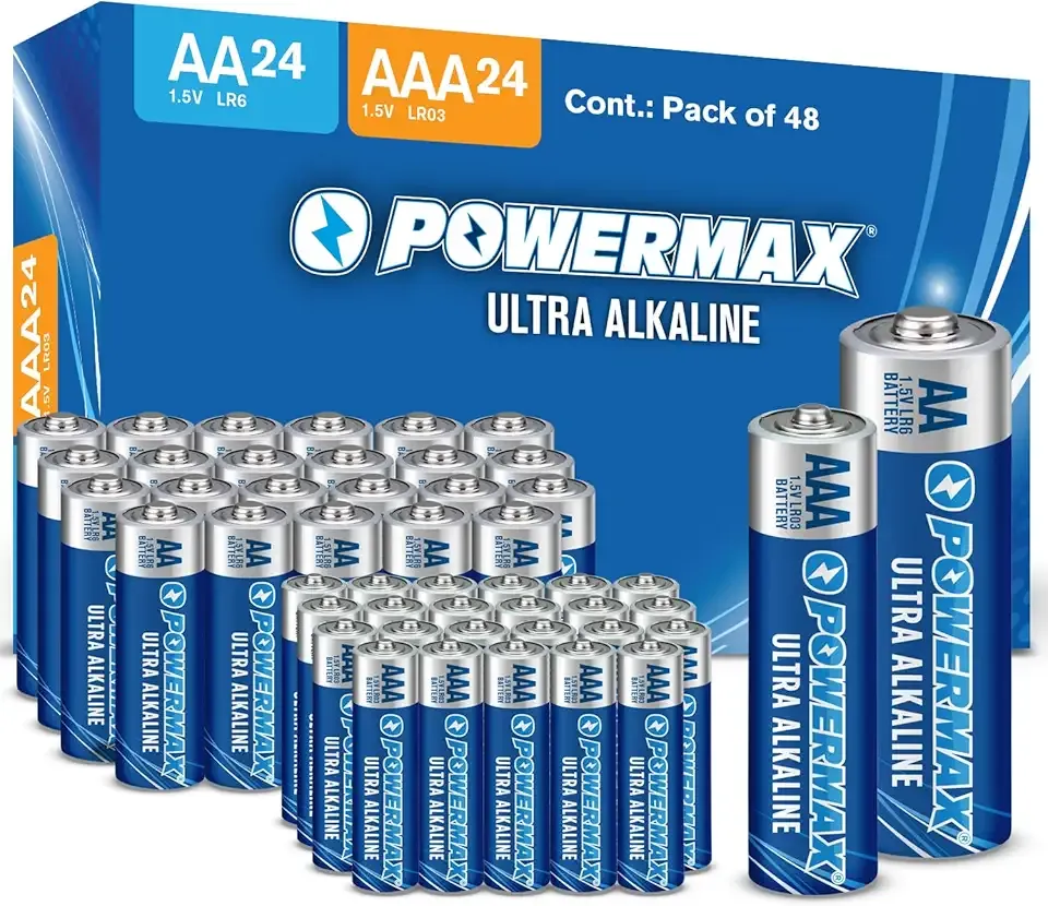 Powermax Alkaline Batteries 48-Count Combo Pack (24 Double AA, 24 Triple AAA), Ultra Long Lasting Battery for Home and Office, 10-Year Shelf Life, Reclosable Packaging