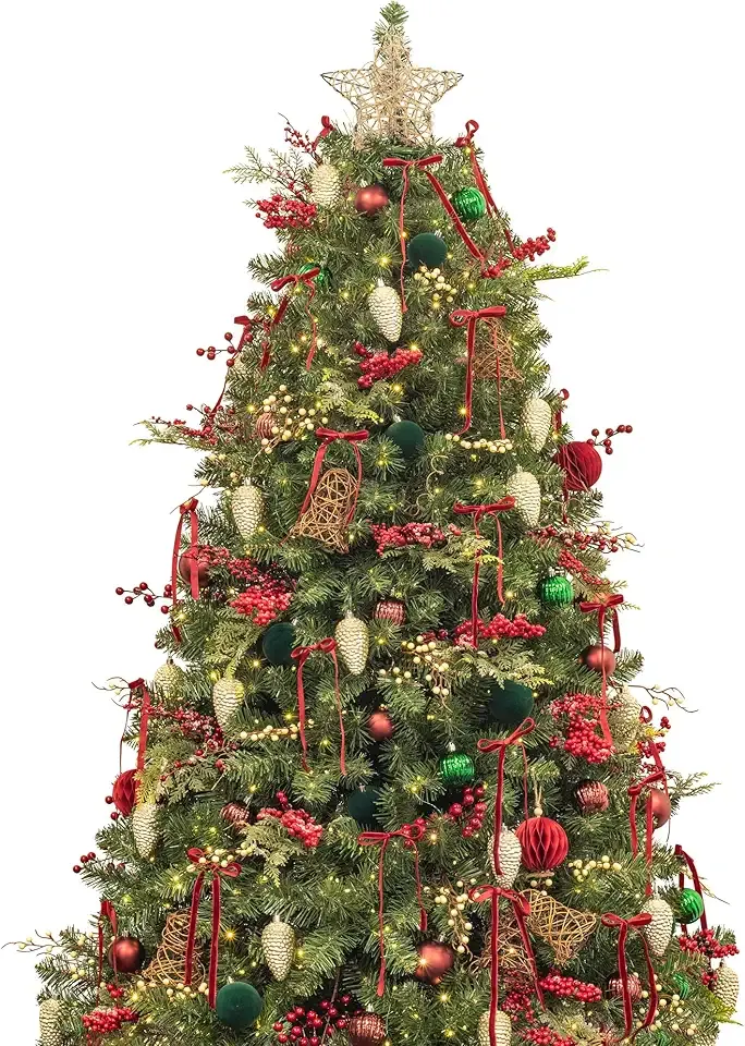 KI Store 7ft Christmas Tree with Decorations and Lights Classic All-in-ONE Completed Christmas Tree Set Including 7ft Artificial Xmas Tree, Ornaments, USB LED String Lights with Remote and Timer