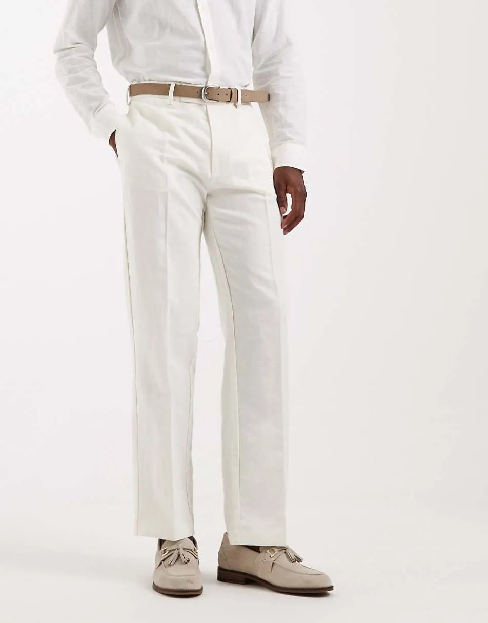 ASOS DESIGN smart linen rich straight leg trousers in white