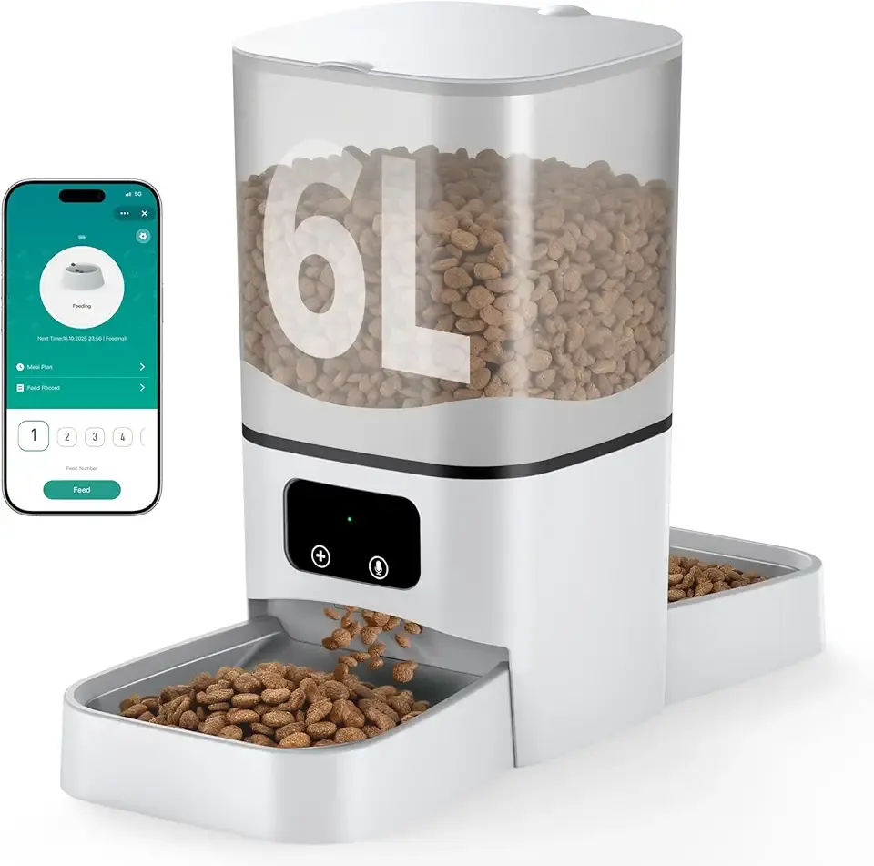 Automatic Cat Feeder 2 Cats, 6L Large Capacity Cat Food Dispenser with 2 Stainless Steel Bowls, 2.4G WiFi APP Control Timed Dry Food Feeder for Multiple Pets, Dual Power Supply, 10s Voice Recorder