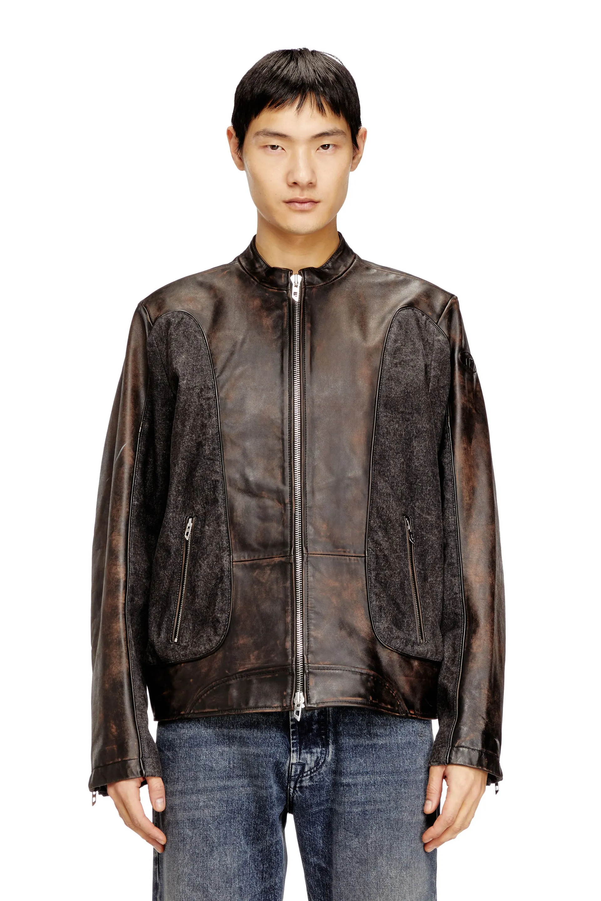 Piped biker jacket in leather and denim