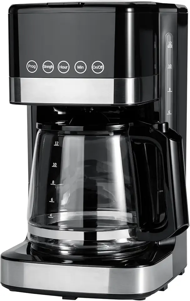 Amazon Basics Programmable 12 Cup Drip Coffee Maker, Coffee Machine with Glass Coffee Pot (1.9 Qt), Auto Shut-off, Touch Screen, Auto Pause, Removable Filter Basket, Black & Silver