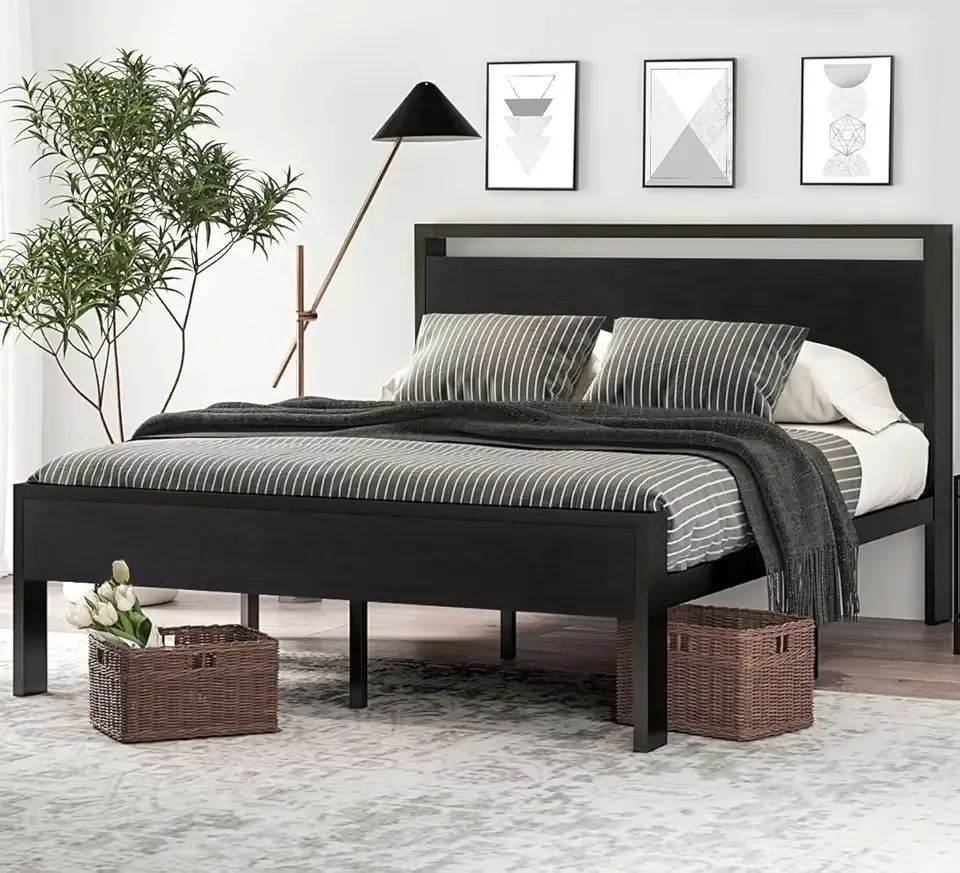 14 Inch Full Size Metal Platform Bed Frame with Wooden Headboard and Footboard, Mattress Foundation, No Box Spring Needed, Large Under Bed Storage, Non-Slip Without Noise, Black Oak
