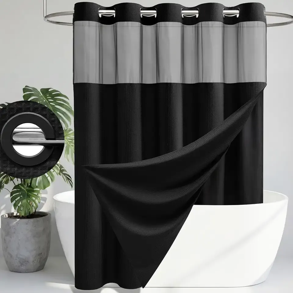 Dynamene Black Hook Free Shower Curtain & Snap in Fabric Liner with Magnets, Waffle Weave Shower Curtains for Bathroom, Mesh Top Window, Less Time 3 in 1 Shower Curtain and Liner Set, 72" W x 75" L