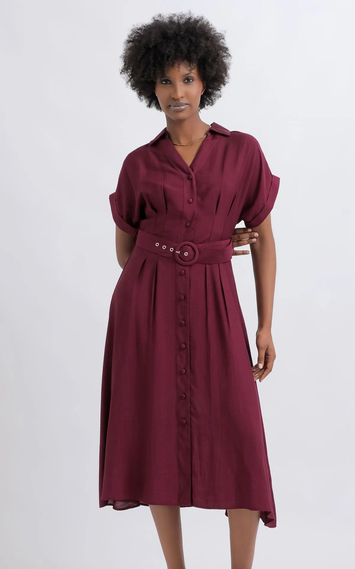Voile Roll Cuff Belted Shirt Dress