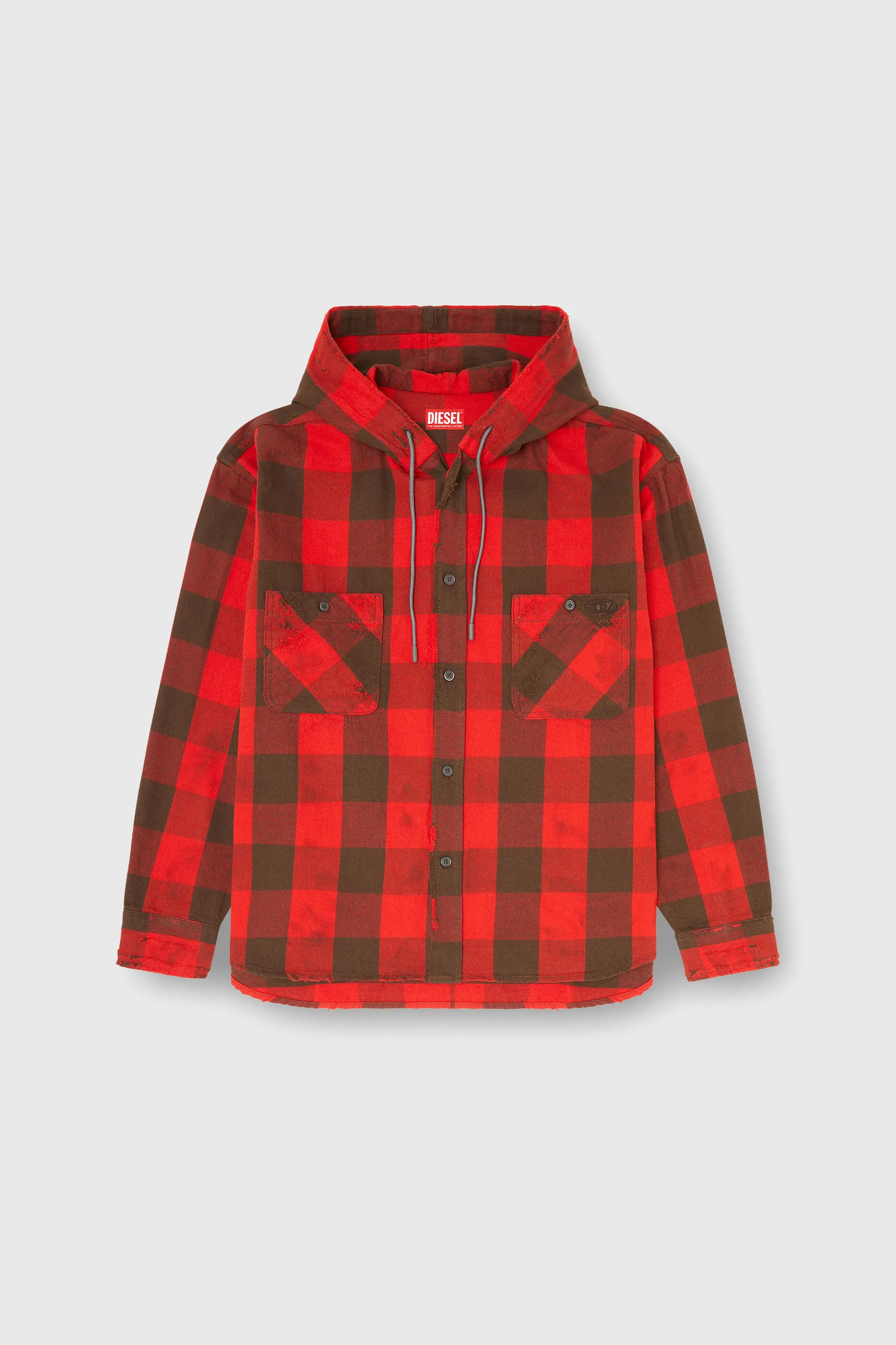 Distressed hooded shirt in check flannel