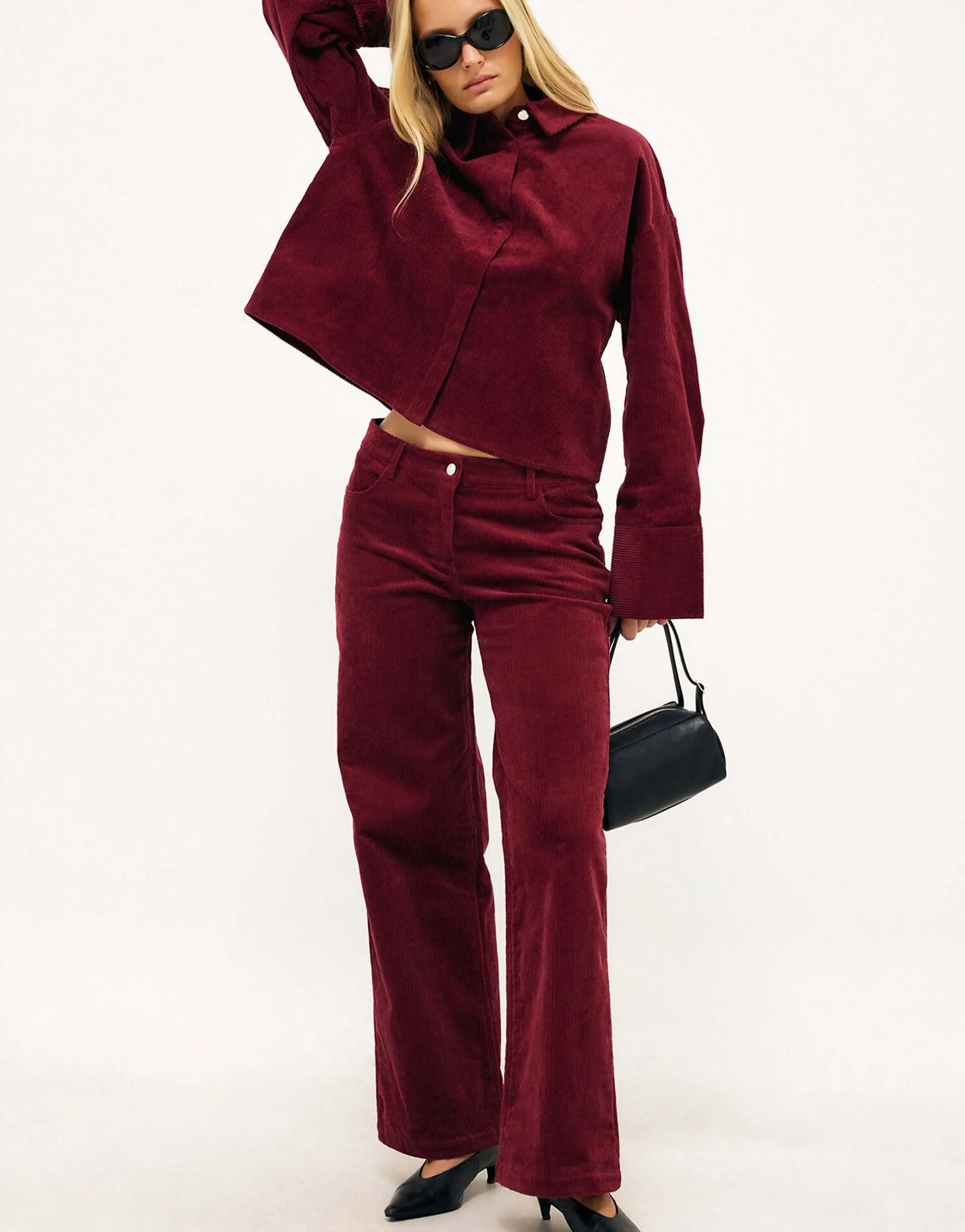 NA-KD Low waist wide leg corduroy trousers in burgundy