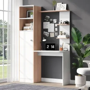 Banco de trabajo/escritorio con almacenamiento – Blanco con listones de madera, puertas de armario inferior, estantes superiores abiertos, diseño de o