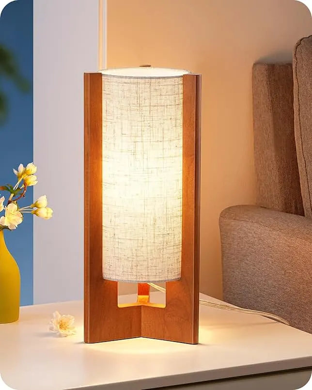 EDISHINE 13.5" Small Table Lamp, Walnut Wood Cylinder Nightstand Lamp for Bedroom, Beige Linen Shade, Corner Modern Bedside Lamp for Living Room,…