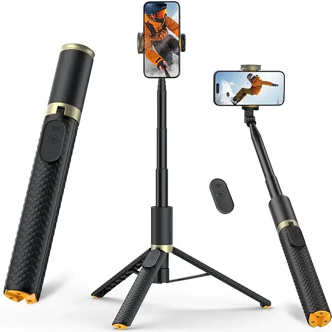 Phone Tripod & Selfie Stick with Remote, Portable, Lightweight for Video Recording Vlog, Extendable Travel Tripod Stand Compatible with iPhone Android, Black, 62"