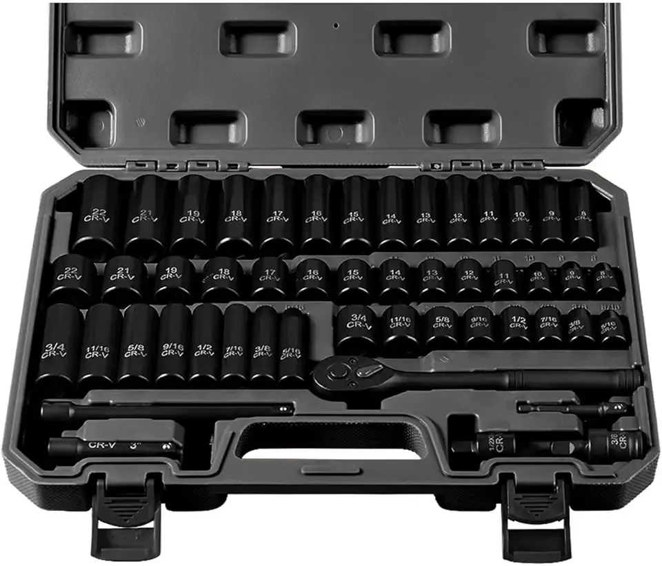 3/8" Drive Impact Socket Set 50-Piece, SAE (5/16-3/4) & Metric (8-22mm), Deep & Shallow with 3/8-Inch Ratchet Handle, 6 Points,Cr-V, Extension Bars, Universal Joint, Gift for Men